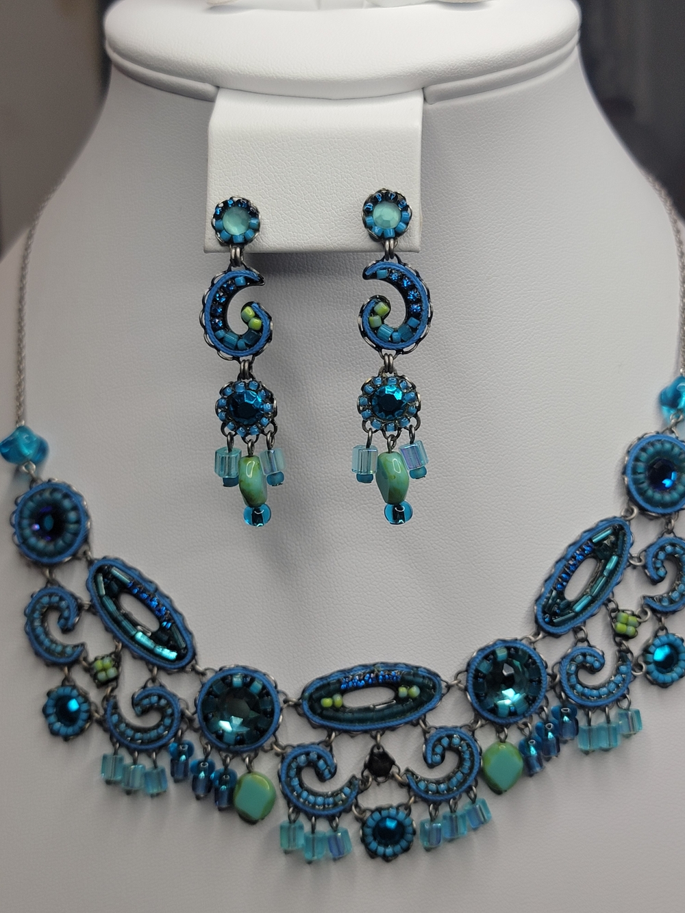 Ayala Bar Turquoise Blue Crystal Statement Necklace and Earrings Set